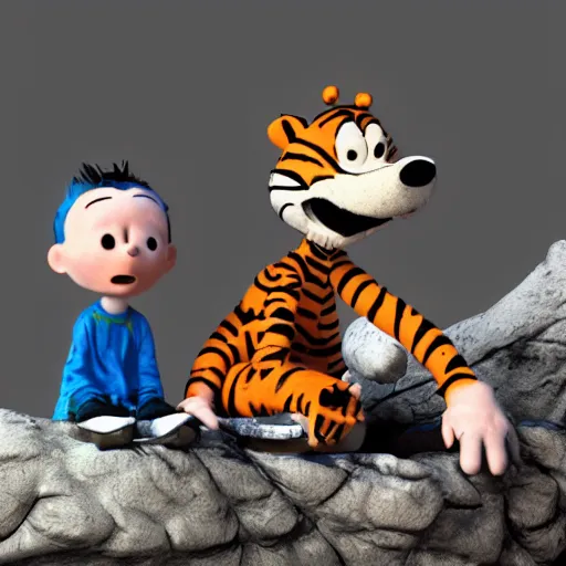 Prompt: Calvin and Hobbes as depressed, sick and dirty homeless adults on crack rock drugs, octane render, sculpture, concept art