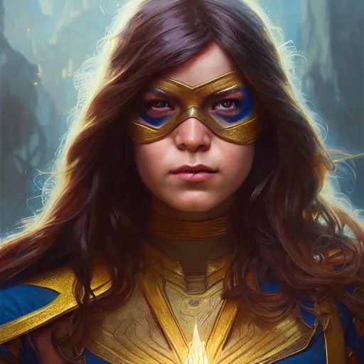 Prompt: portrait painting of ms. marvel as a warrior fairy, ultra realistic, concept art, intricate details, eerie, highly detailed, photorealistic, octane render, 8 k, unreal engine. art by artgerm and greg rutkowski and charlie bowater and magali villeneuve and alphonse mucha