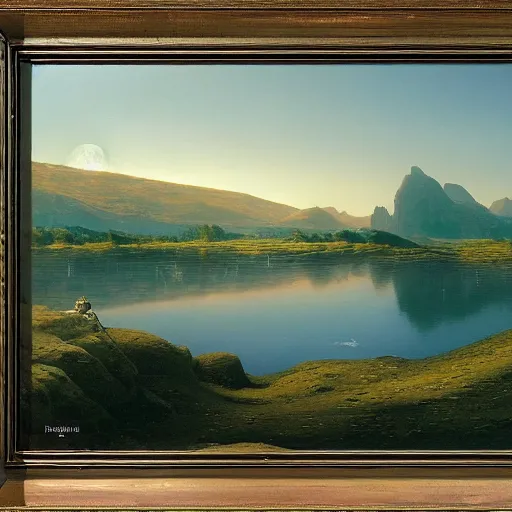 Prompt: the lakes of midgard, detailed matte painting of a dusk landscape in summer, barometric projection, by andreas rocha john howe, and Alberto Giacometti