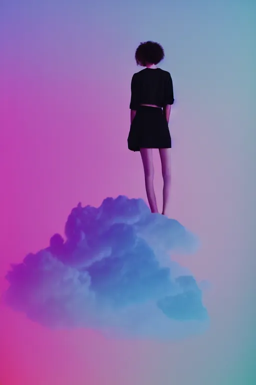 Image similar to high quality pastel coloured film photograph of a model wearing black clothing resting on cloud furniture clouds in a haze filled dreamstate world. three point light, rainbow. photographic production. art directed. pastel colours. volumetric clouds. pastel gradient overlay. waves glitch artefacts. 8 k. filmic.