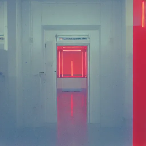 Prompt: noisy color photograph of a retrofuturist liminal space, laboratory, red lights, minimalist, cinematic, soft vintage glow