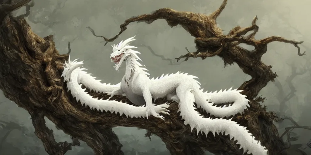 Image similar to a white chinese dragon lie on a old tree by yang qi 9 1 7, 4 k, matte paint, concept art, sharp detail, artstation