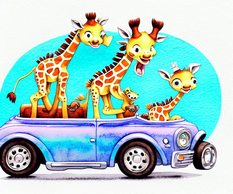 Image similar to cute and funny, baby giraffe riding in a tiny hot rod with oversized engine, ratfink style by ed roth, centered award winning watercolor pen illustration, isometric illustration by chihiro iwasaki, edited by range murata, tiny details by artgerm and watercolor girl, symmetrically isometrically centered