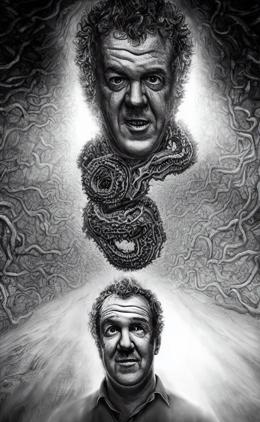 Image similar to lovecraftian portrait of jeremy clarkson, surrounded by beams of light dark background by wayne barlow, stanley donwood, anton semenov, zdzislaw bekinski, hr giger, 8 k, fantasy, dark, highly detailed