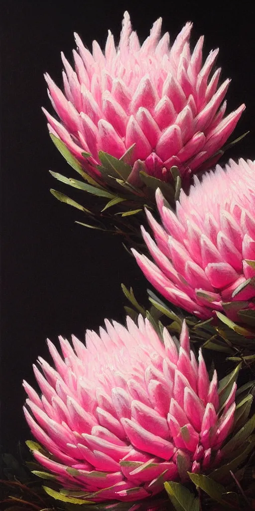 Image similar to detailed pink and white proteas against a black backdrop by ivan aivazovsky, detailed brush strokes, oil painting, artstation