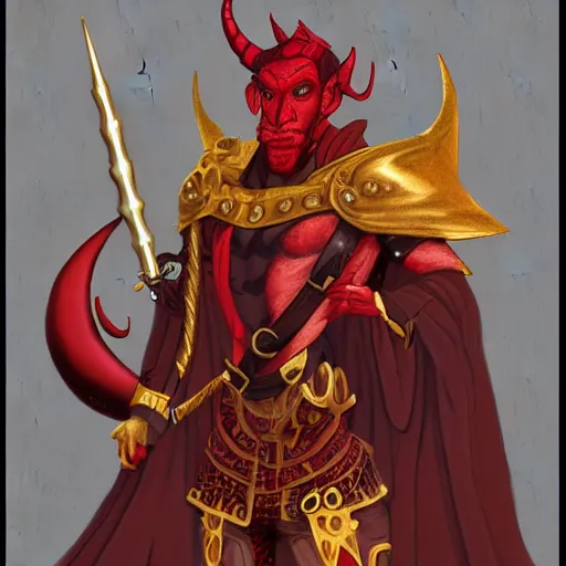 Image similar to dnd render of a male tiefling, red scales, a big black beard, completely golden eyes, 1 curved horn growing out of his forehead, one broken horn growing out of his forehead,