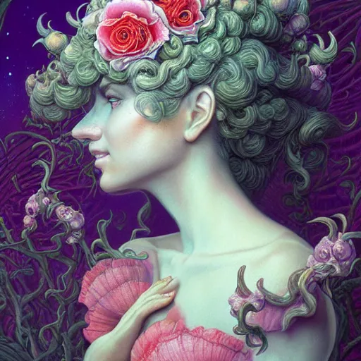 Image similar to a beautiful detailed front view portrait of princess peach with ornate growing around, ornamentation, flowers, elegant, beautifully soft lit, by wayne barlowe, peter mohrbacher, kelly mckernan,