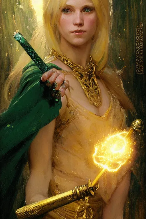 Prompt: blonde female wizard in a green victorian style dress, holding a magical sceptre, and wearing a gold ring portrait dnd, painting by gaston bussiere, craig mullins, greg rutkowski, yoji shinkawa