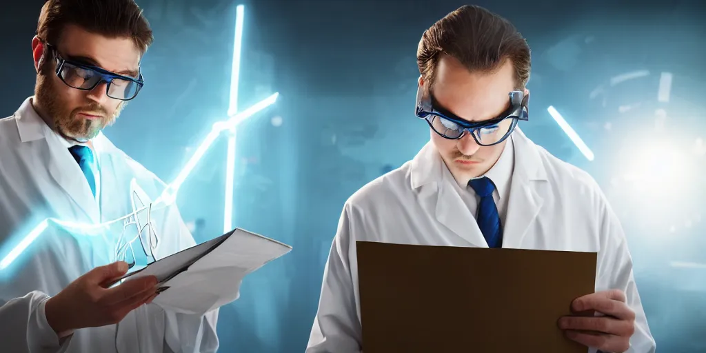 Prompt: scientist is holding a folder of documents, he is in shock, the folder glows and lights up his face, professional lighting, movie scene, concept art, detailed art,, dark building