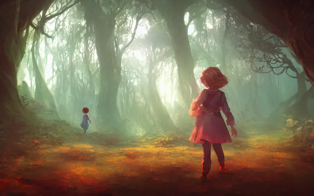 Prompt: little girl walking in an ancient forest, complementary colors, ruins, fantasy art, indie game art, dynamic lighting, artstation, mucha, volumetric lighting