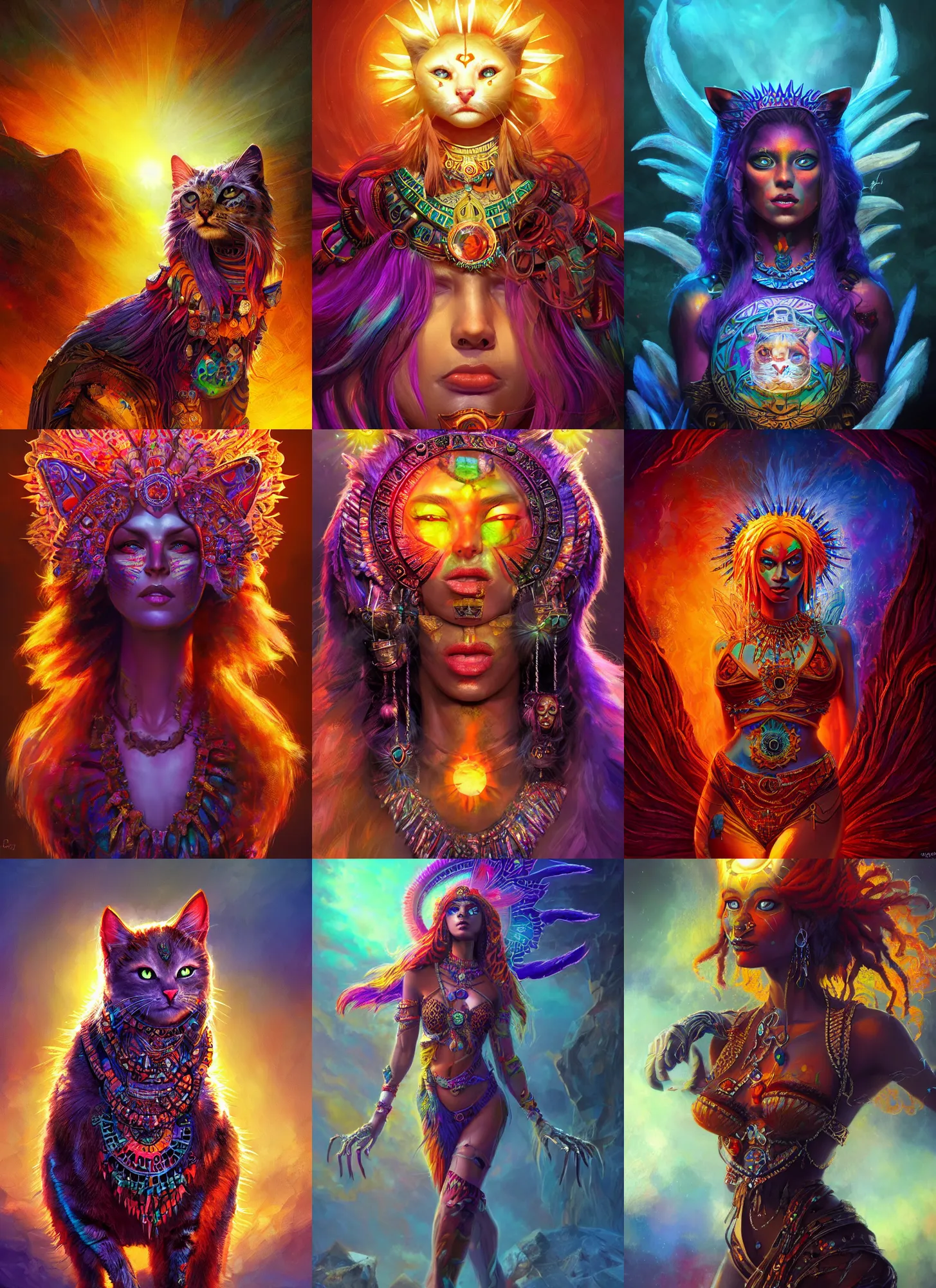 Prompt: crystal feline aztec sun goddess , vivid colors, war of colors, dark shadows, contrast, concept art, sharp focus, digital art, Hyper-realistic, 4K, Unreal Engine, Highly Detailed, Dramatic Lighting, Beautiful, by Brom, bastien lecouffe-deharme