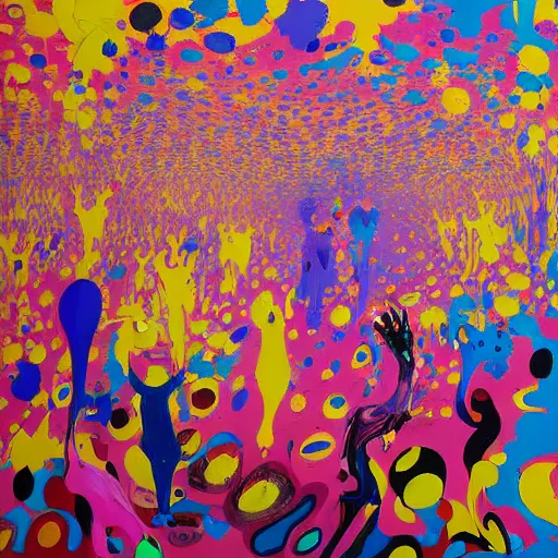 Image similar to people in the crowd, an ultrafine detailed painting by peter max and francis bacon and fiona rae and maryam hashemi and hernan bas and anna mond and max gubler, featured on deviantart, metaphysical painting, neo expressionism, melting paint, biomorphic, mixed media, photorealistic, dripping paint, palette knife texture, masterpiece