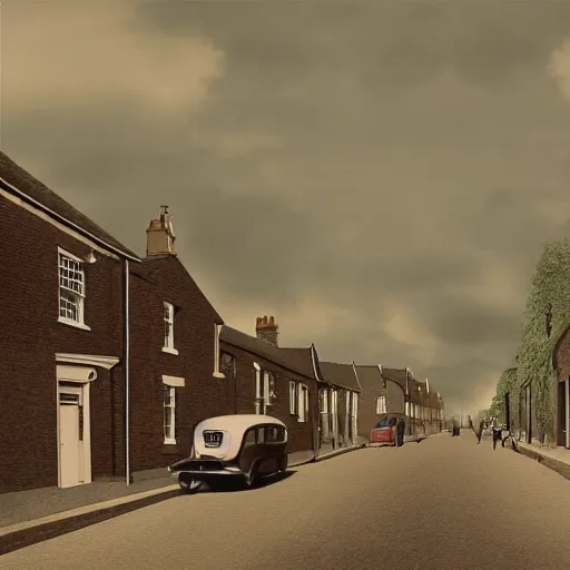 Image similar to digital matte glossy painting nostalgic 1 9 5 0 s town britain, detailed in the style of trevor mitchell