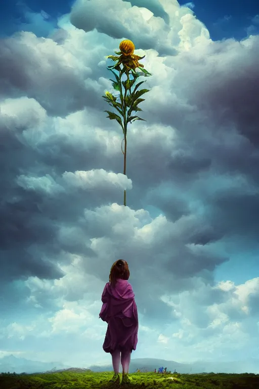 Image similar to perspective giant dahlia flower as head, girl standing on mountain, surreal photography, blue storm clouds, dramatic light, impressionist painting, digital painting, artstation, simon stalenhag