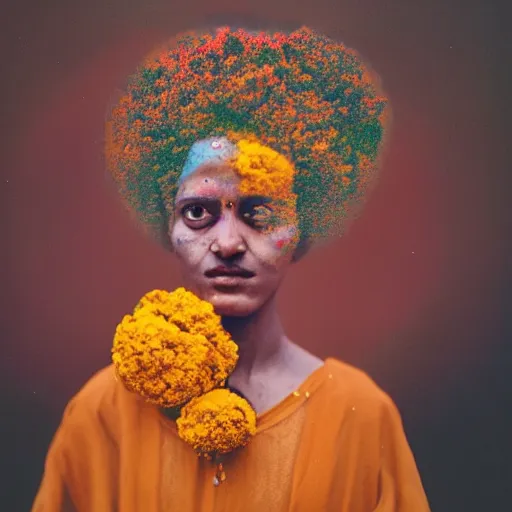 Prompt: realistic expired kodak film portrait of strange india woman cosmic mix, marigold celestial vibe, hyperrealism, hypermaxiymalism, photorealistic, detailed, atmospheric, 8 k, award winning photography, cinematic