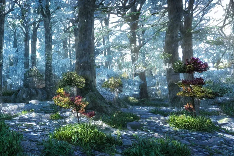 Image similar to crystal forest with gilded trees and jeweled flowers by unreal engine, photorealistic