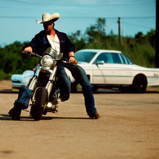 Prompt: film still of the 1 9 9 9 tv show'houston vice ', the country western themed sequel to'miami vice '. exciting chase action scene. sigma 8 5 mm f / 1. 4