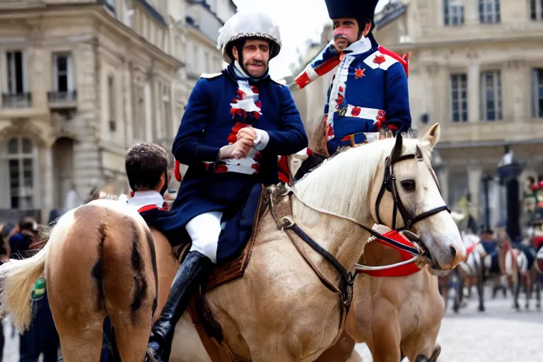 Image similar to closeup portrait of emmanuel macron dressed as napoleon riding a tiny horse in a paris street, natural light, sharp, detailed face, magazine, press, photo, steve mccurry, david lazar, canon, nikon, focus