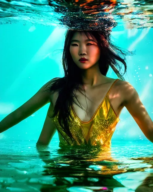 Image similar to portrait of asian woman underwater during sunrise, sunrays, aquaman aesthetic, caustics, rippling water, photoshoot, flowing hair, elegant, iconic, fine-art, masterpiece, cinematic, trending on artstation