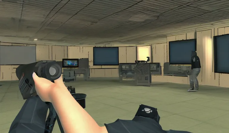 Image similar to ltj bukem in perfect dark giving you dj training, 9 0 s first person shooter, low poly, gameplay screenshot