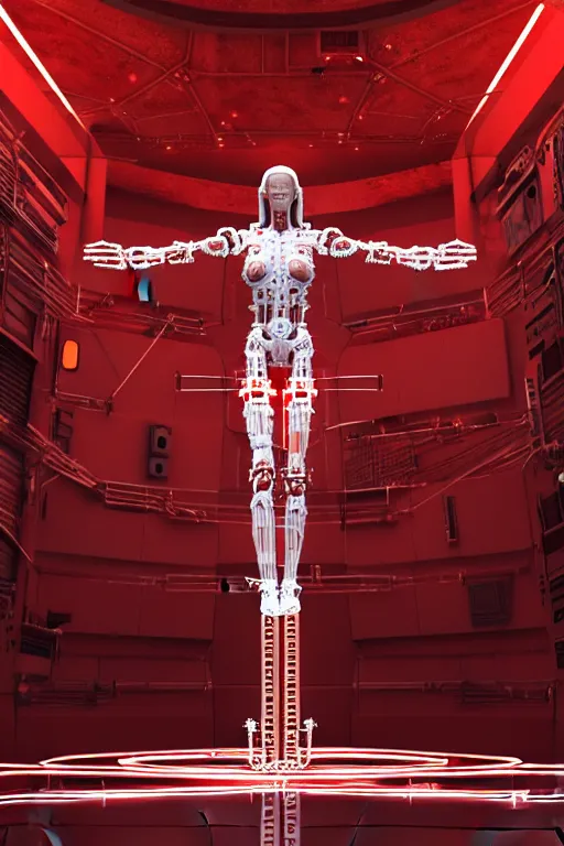 Prompt: , high detailed space station interior, a statue jesus on cross made of red marble with wires, tubes, veins, perfect symmetrical body, full body shot, inflateble shapes, white biomechanicaldetails, wearing epic bionic cyborg implants, masterpiece, intricate, biopunk, vogue, highly detailed, artstation, concept art, cyberpunk, octane render