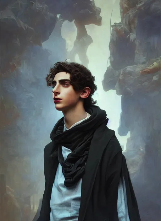 Image similar to timothee chalamet in future fashion futurism as thufir hawat, human computer, VR headset, cyber augmentation implant, digital art from artstation by Ruan Jia and Mandy Jurgens and Artgerm and william-adolphe bouguereau