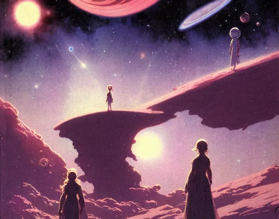 Image similar to illustrated by moebius and greg rutkowski, romantic!!! space scene!! with standing young girl!!!!, orbit of earth!, futuristic orbital station!!!!, nebulae!!, starry sky!!, rule of third!!!!, vintage cover of sci - fi magazine, cinematic!!