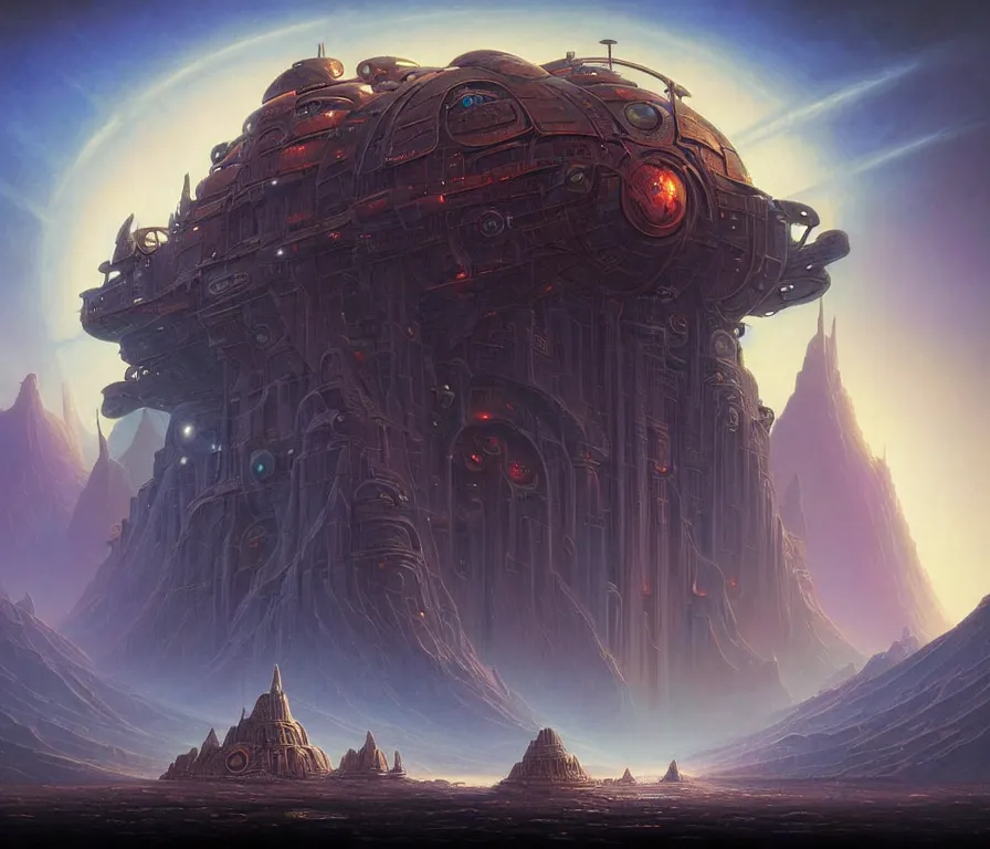 Prompt: a beautiful matte painting of a dark sci-fi retro cover art of the great cosmic god machine by Tyler Edlin and Noah Bradley and Jim Burns and James Gurney, award winning, atmospheric, epic and stunning, intricate details, anthropomorphic, monumental