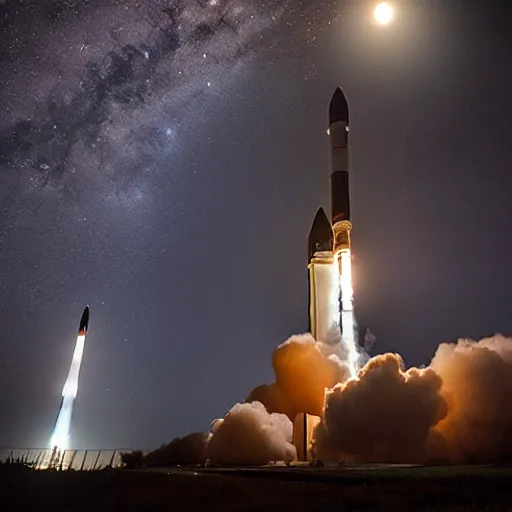 Prompt: Nighttime launch of the Space Launch System from LC-39B at Kennedy Space Center, 2025, award-winning photo by National Geographic