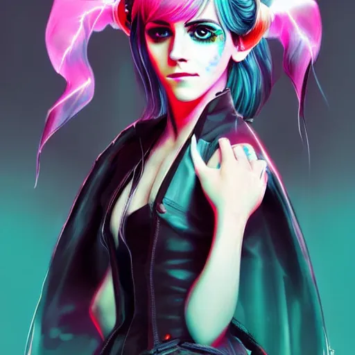 Image similar to emma watson as hatsune miku, she is wearing cyberpunk dress, character portrait. cinematic lightning, art by artgerm and tom bagshaw