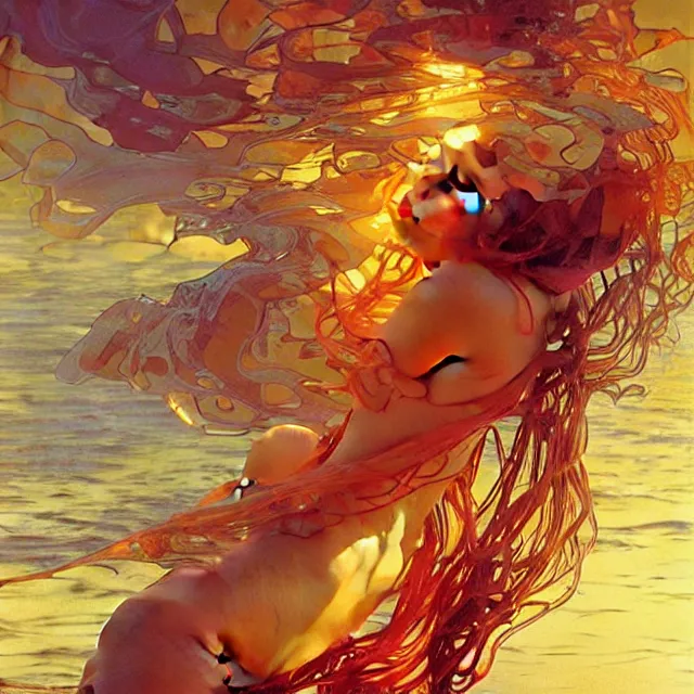 Prompt: mind bending ocean waves of glossy liquid honey drops flowing like psychedelic translucent amber, lsd waves, lsd ripples, backlit, sunset, refracted lighting, art by collier, albert aublet, krenz cushart, artem demura, alphonse mucha