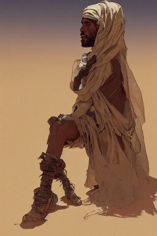 Image similar to a full body portrait of a beautiful post apocalyptic offworld desert bedouin blind beggar by the road, intricate, elegant, highly detailed, digital painting, artstation, concept art, smooth, sharp focus, illustration, art by krenz cushart and artem demura and alphonse mucha