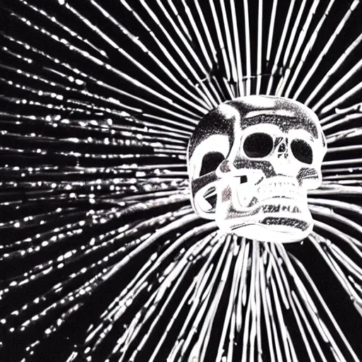 Image similar to a disco skull full of long spikes, reflecting light in a nightclub, grainy film photograph