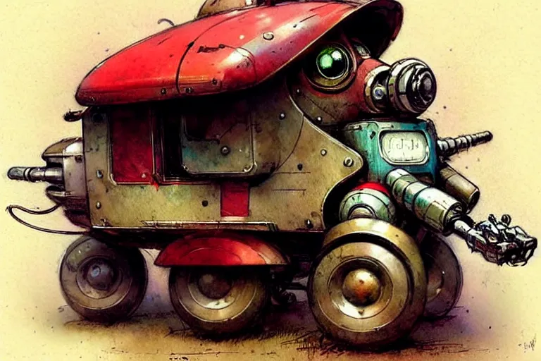 Image similar to adventurer ( ( ( ( ( 1 9 5 0 s retro future robot mouse mecha wagon house. muted colors. ) ) ) ) ) by jean baptiste monge!!!!!!!!!!!!!!!!!!!!!!!!! chrome red