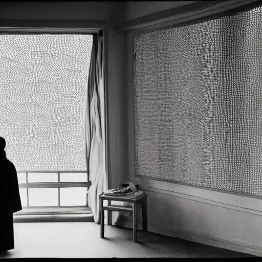 Prompt: woman in traditional hanbok waiting in living room while the shadow of a giant Kaiju-eiga starfish is behind the screen window, 35mm film still, monochrome Wes Anderson and Fritz Lang