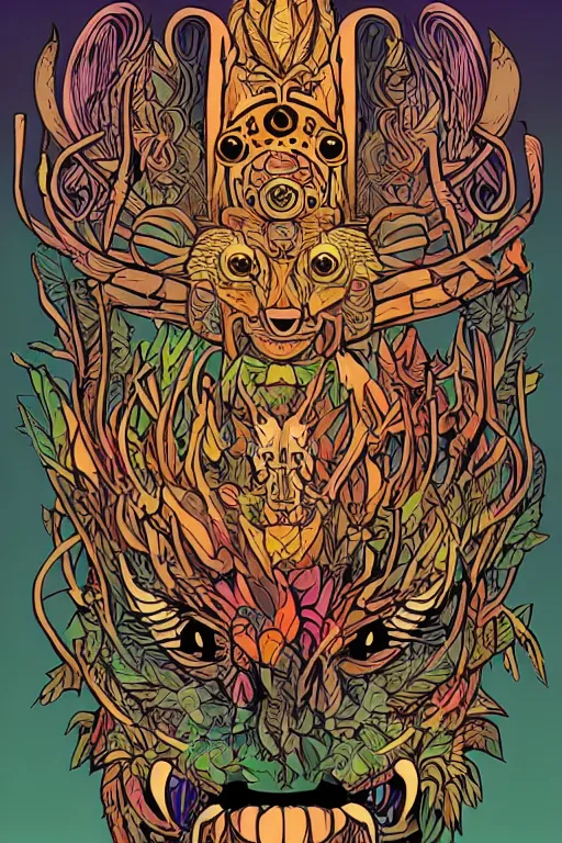 Image similar to animal mask totem roots flower tribal feather gemstone plant wood rock shaman vodoo video game vector cutout illustration vivid multicolor borderlands comics by josan gonzales and dan mumford radiating a glowing aura