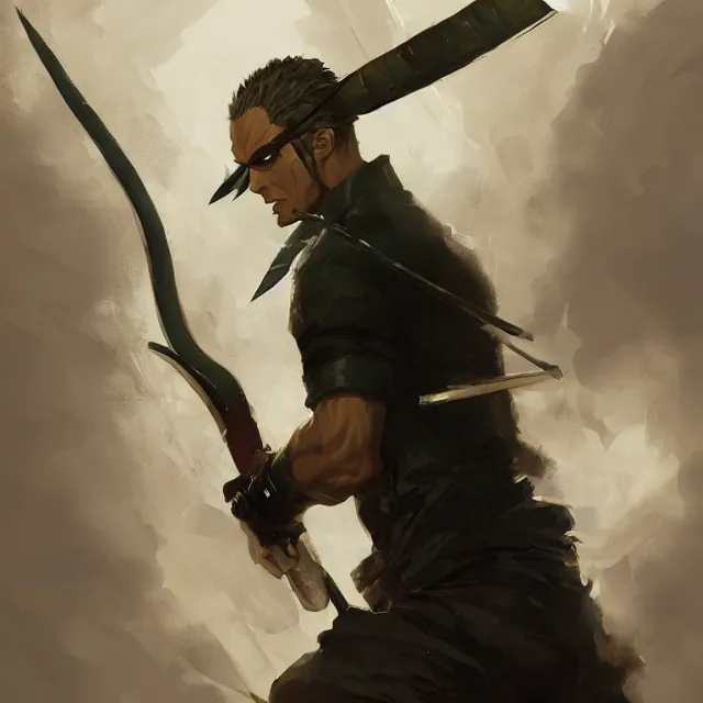 Image similar to a painting of roronoa zoro by greg rutkowski, dark fantasy art, high detail, trending on artstation