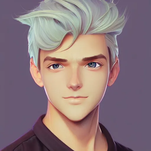 Prompt: young man with short, ash blond greyish hair, path traced, highly detailed, high quality, digital painting, by don bluth and ross tran and studio ghibli and alphonse mucha, artgerm, sylvain sarrailh