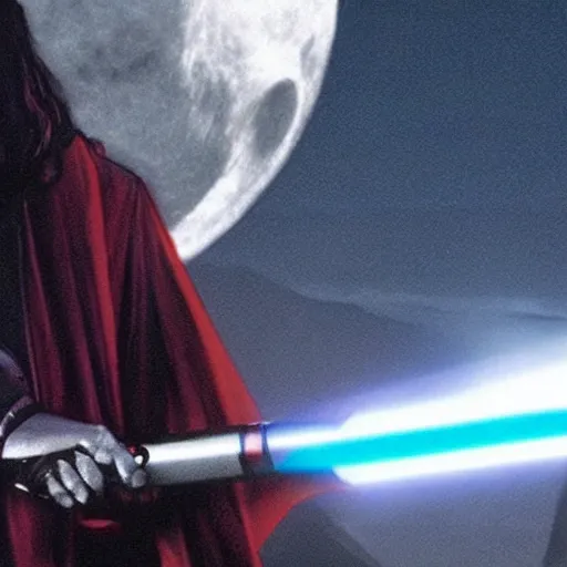 Prompt: morbius holding a lightsaber. darth vader, pyramids in background.