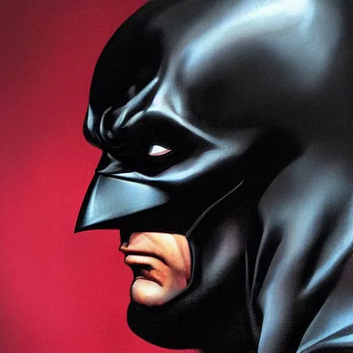 Image similar to An ultra-realistic portrait painting of Batman in the style of Alex Ross. 4K. Beautiful. Ultra-realistic. Highly detailed. Epic lighting.