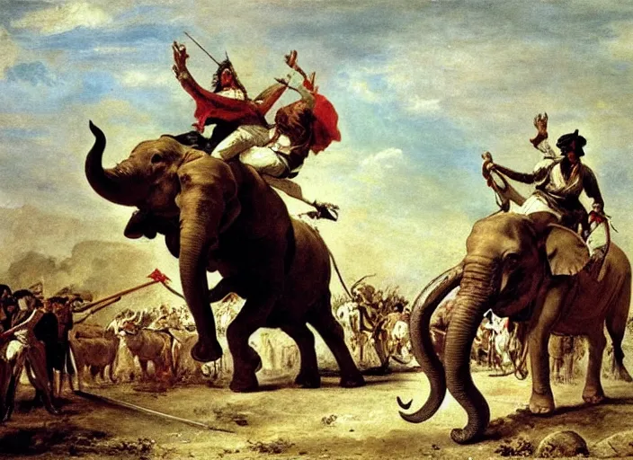 Image similar to romanticism painting of hannibal riding an elephant during the french revolution, by eugene delacroix