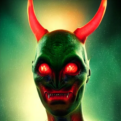 Image similar to realistic alien, medium shot portrait, devil horns,,!!!!! human eyes!!!!!!, green body. red eyes, background flames