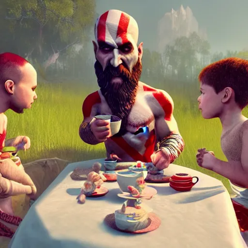 Prompt: god of war having a tea party with little kids, digital painting, 3 d, octane render, accurate