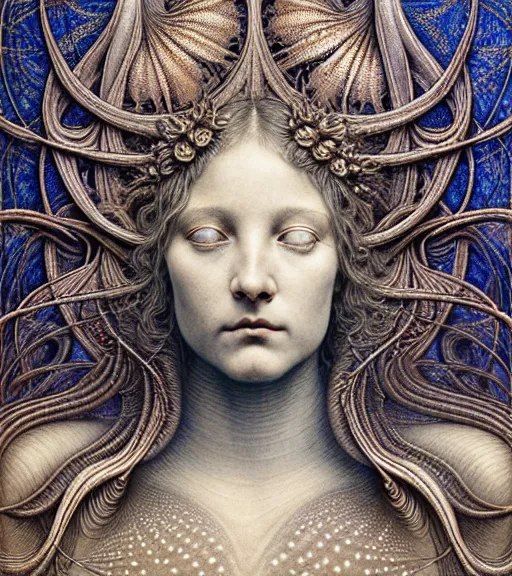 Prompt: detailed realistic beautiful star goddess face portrait by jean delville, gustave dore, iris van herpen and marco mazzoni, art forms of nature by ernst haeckel, art nouveau, symbolist, visionary, gothic, neo - gothic, pre - raphaelite, fractal lace, intricate alien botanicals, ai biodiversity, surreality, hyperdetailed ultrasharp octane render