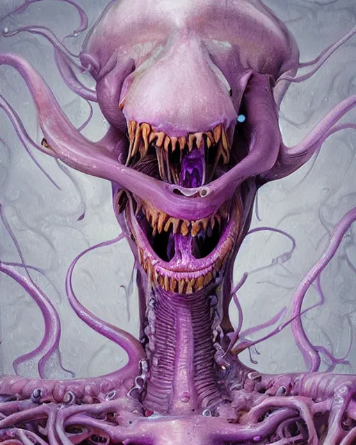 Prompt: Haunting horrifying detailed painting of a tall skinny extraterrestrial squid monster made of gelatinous fluid, floating teeth and purple eyeballs, hyper detailed, trending on Artstation