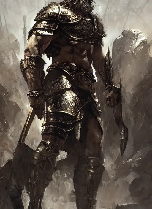 Image similar to ancient historically accurate depiction of the Bible Character Goliath of Gath, the Philistine warrior giant in ancient persian chainmail armor, dramatic lighting art by Yoji Shinkawa by Richard Schmid by greg rutkowski by Sandra Chevrier by Jeremy Lipking cinematic dramatic