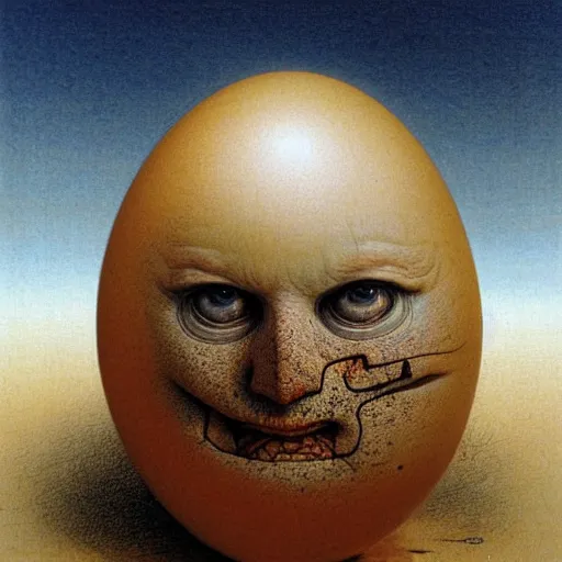 Prompt: humpty dumpty in form of egg, detailed pattern on skin, full front view by luis royo and wayne barlowe, beksinski