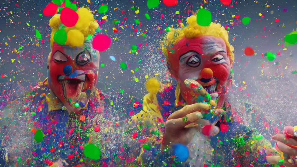 Image similar to a clown puking a fountain of confetti, hyperrealistic, Cryengine 8k UHD