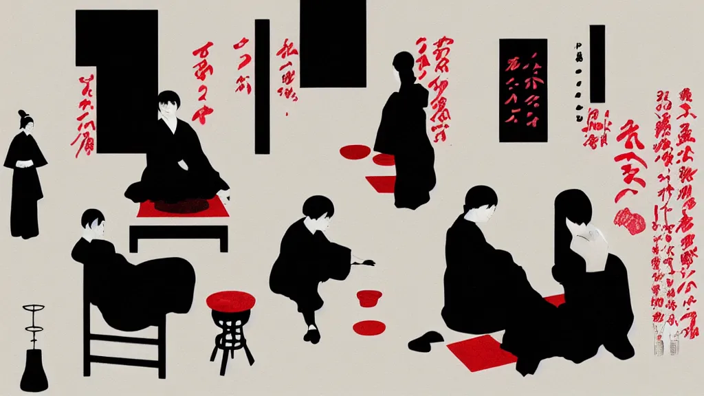 Image similar to a tea ceremony, japan, a collage painting, in the style of wes anderson, lola dupre, david hockney, isolated on negative white space background dark monochrome neon spraypaint accents volumetric octane render