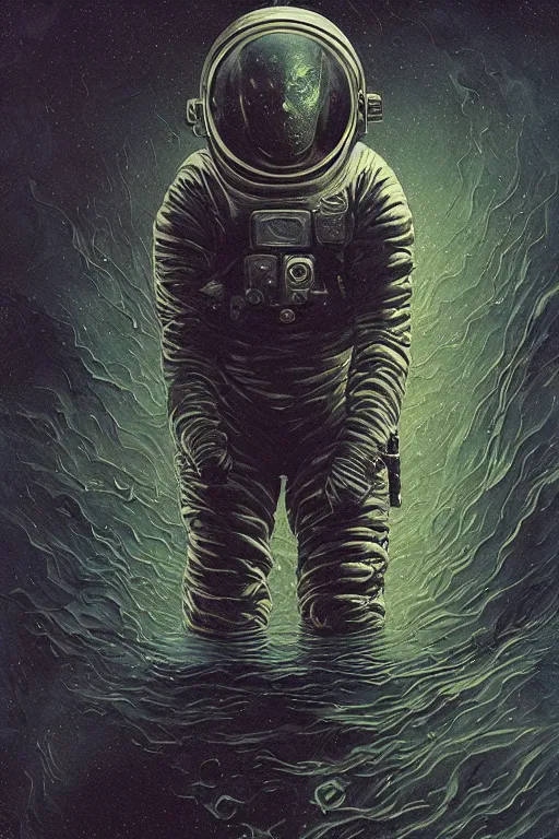 Image similar to close up shot of a full body floating astronaut portrait water elemental, high contrast, james gurney, peter mohrbacher, mike mignola, black paper, mandelbulb fractal, trending on artstation, exquisite detail perfect, large brush strokes, intricate ink illustration, black background